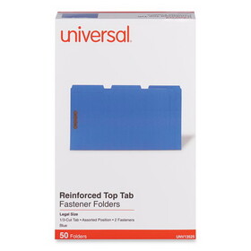 Universal UNV13525 Deluxe Reinforced Top Tab Fastener Folders, 0.75" Expansion, 2 Fasteners, Legal Size, Blue Exterior, 50/Box