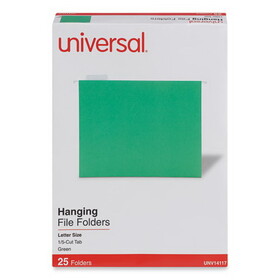 Universal UNV14117 Hanging File Folders, 1/5 Tab, 11 Point Stock, Letter, Green, 25/box