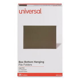 Universal UNV14152 Box Bottom Hanging File Folders, 2" Capacity, Legal Size, 1/5-Cut Tabs, Standard Green, 25/Box