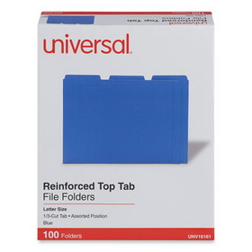 Universal UNV16161 Reinforced Top-Tab File Folders, 1/3-Cut Tabs: Assorted, Letter Size, 1" Expansion, Blue, 100/Box