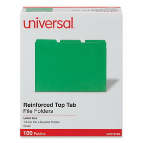 Universal UNV16162 Reinforced Top-Tab File Folders, 1/3-Cut Tabs: Assorted, Letter Size, 1" Expansion, Green, 100/Box