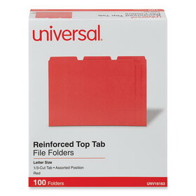 Universal UNV16163 Reinforced Top-Tab File Folders, 1/3-Cut Tabs: Assorted, Letter Size, 1" Expansion, Red, 100/Box