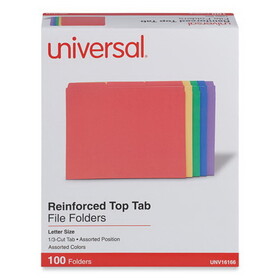 Universal UNV16166 Reinforced Top-Tab File Folders, 1/3-Cut Tabs: Assorted, Letter Size, 1" Expansion, Assorted Colors, 100/Box
