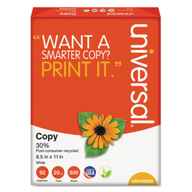 Universal UNV20030 30% Recycled Copy Paper, 92 Bright, 20 lb Bond Weight, 8.5 x 11, White, 500 Sheets/Ream, 10 Reams/Carton