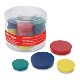 Universal UNV31251 High-Intensity Assorted Magnets, Circles, Assorted Colors, 0.75", 1.25" and 1.5" Diameters, 30/Pack