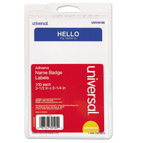 Universal UNV39105 Hello Self-Adhesive Name Badges, 3.5 x 2.25, White/Blue, 100/Pack