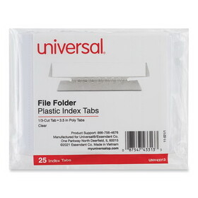 Universal UNV43313 Hanging File Folder Plastic Index Tabs, 1/3 Tab Cut, 3 1/2" Tab, Clear, 25/pack