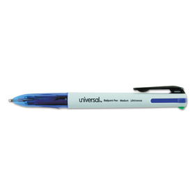 Universal UNV44444 4-Color Multi-Color Ballpoint Pen, Retractable, Medium 1 mm, Black/Blue/Green/Red Ink, White/Translucent Blue Barrel, 3/Pack