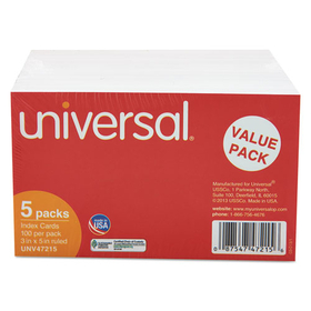 Universal UNV47215 Ruled Index Cards, 3 X 5, White, 500/pack