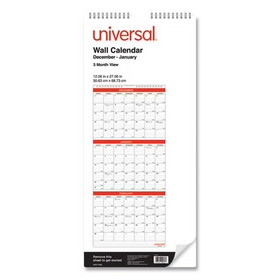 Universal UNV71003 Three-Month Wall Calendar, 12 x 27, White/Red Sheets, 14-Month: Dec 2024 to Jan 2026