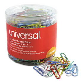 Universal UNV95001 Plastic-Coated Paper Clips with One-Compartment Dispenser Tub, #1, Assorted Colors, 500/Pack