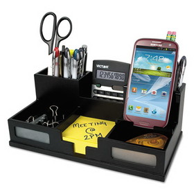 Victor VCT95255 Midnight Black Desk Organizer with Smartphone Holder, 6 Compartments, Wood, 10.5 x 5.5 x 4