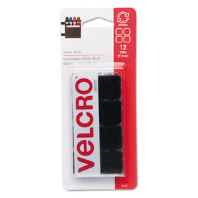 Velcro VEK90072 Sticky-Back Fasteners, Removable Adhesive, 0.88" x 0.88", Black, 12/Pack
