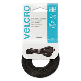 Velcro 95172 ONE-WRAP Hook & Loop Ties, 1/2" x 8", Black, 50/Pack