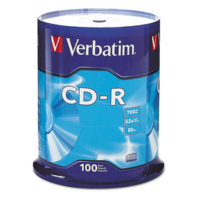 Verbatim VER94554 CD-R Recordable Disc, 700 MB/80 min, 52x, Spindle, Silver, 100/Pack