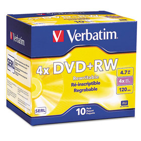 Verbatim VER94839 DVD+RW Rewritable Disc, 4.7 GB, 4x, Slim Jewel Case, Silver, 10/Pack