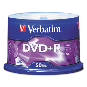 Verbatim VER95037 DVD+R Recordable Disc, 4.7 GB, 16x, Spindle, Matte Silver, 50/Pack