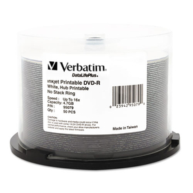 VERBATIM CORPORATION VER95079 Dvd-R Discs 4.7gb 16x Datalifeplus White Inkjet Printable, 50/pk Spindle