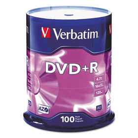Verbatim VER95098 DVD+R Recordable Disc, 4.7 GB, 16x, Spindle, Silver, 100/Pack