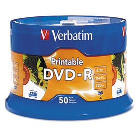 Verbatim VER95137 DVD-R Recordable Disc, 4.7 GB, 16x, Spindle, White, 50/Pack