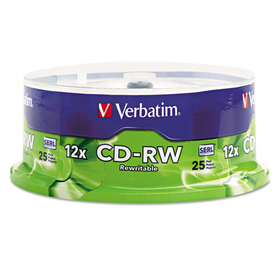 Verbatim VER95155 CD-RW Rewritable Disc, 700 MB/80 min, 12x, Spindle, Silver, 25/Pack