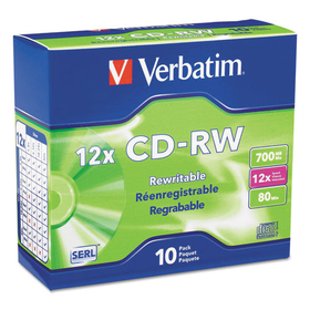 Verbatim VER95156 CD-RW High-Speed Rewritable Disc, 700 MB/80 min, 12x, Slim Jewel Case, Silver, 10/Pack