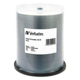 Verbatim VER95256 CD-R Printable Recordable Disc, 700 MB/80 min, 52x, Spindle, Silver, 100/Pack
