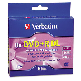 Verbatim VER95311 DVD+R Dual-Layer Recordable Disc, 8.5 GB, 8x, Jewel Case, Silver, 5/Pack