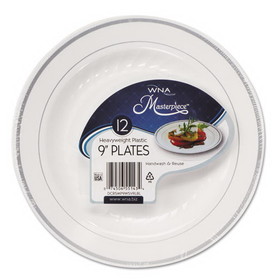 WNA RSMP91210WS Masterpiece Plastic Plates, 9 in, White w/Silver Accents, Round, 120/Carton