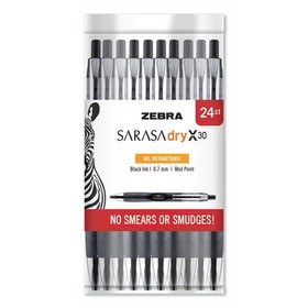 Zebra 47024 Sarasa Dry Gel X30 Retractable Pen, Medium 0.7 mm, Black Ink, Black Barrel