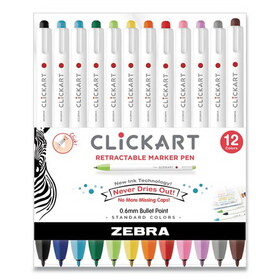 Zebra ZEB69012 ClickArt Porous Point Pen, Retractable, Fine 0.6 mm, Assorted Ink and Barrel Colors, 12/Pack