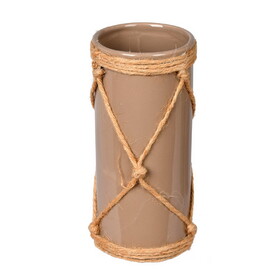 Vickerman 8" Sandstone Ceramic Vase in Jute Rope. This vase features a sturdy ceramic construction and thick jute rope hanger