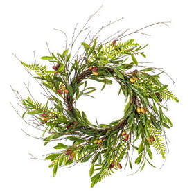 Vickerman FS232622 22" Artificial Green Olive Wreath. Features green foliage with dark orange olives.