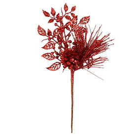 Vickerman 10" Red Pinecone Glitter Leaf Pick 12/Bg