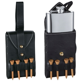 Visol Puck 4oz Hip Flask with Black Leather Wrap and Golf Tees