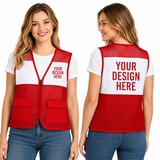 TOPTIE Custom Volunteer Vest with 2 Pockets, Red White Zipper Uniform Vest, Personalized Staff Team Vest for Events