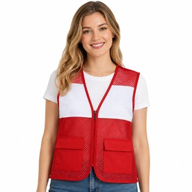 TOPTIE Volunteer Vest with 2 Pockets, Red White Zipper Uniform Vest for Staff Events and Team Activities