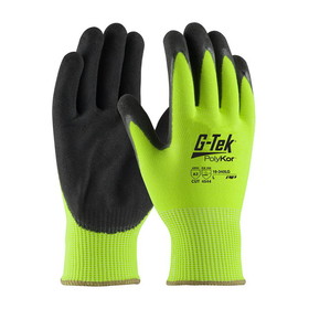 PIP 16-340LG G-Tek PolyKor Hi-Vis Seamless Knit PolyKor Blended Glove with Double-Dipped Nitrile Coated MicroSurface Grip on Palm &amp; Fingers