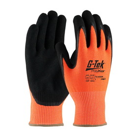 PIP 16-340OR G-Tek PolyKor Hi-Vis Seamless Knit PolyKor Blended Glove with Double-Dipped Nitrile Coated MicroSurface Grip on Palm &amp; Fingers