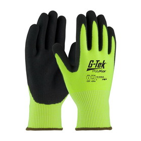 PIP 16-343LG G-Tek PolyKor Hi-Vis Seamless Knit PolyKor Blended Glove with Double-Dipped Nitrile Coated MicroSurface Grip on Palm &amp; Fingers