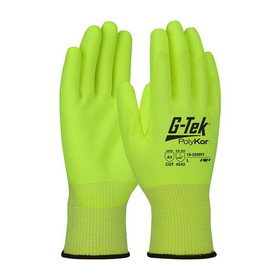 PIP 16-520HY G-Tek PolyKor Hi-Vis Seamless Knit PolyKor Blended Glove with Polyurethane Coated Flat Grip on Palm &amp; Fingers