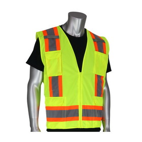 PIP 302-0500 PIP ANSI Type R Class 2 Two-Tone Eleven Pocket Surveyors Vest with Solid Front and Mesh Back