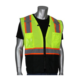 West Chester 302-0650D PIP ANSI Type R Class 2 Two-Tone Eleven Pocket Tech-Ready Mesh Surveyors Vest with Ripstop Black Bottom Front and &quot;D&quot; Ring Access