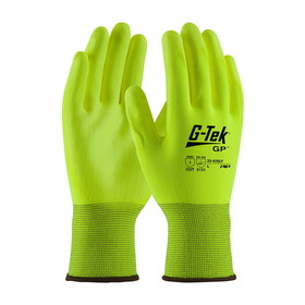 PIP 33-425LY G-Tek GP Hi-Vis Seamless Knit Polyester Glove with Polyurethane Coated Flat Grip on Palm &amp; Fingers