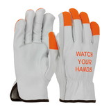 West Chester 68-162HV PIP Economy Grade Top Grain Cowhide Leather Drivers Glove with Hi-Vis Fingertips and "WATCH YOUR HANDS" Logo - Keystone Thumb