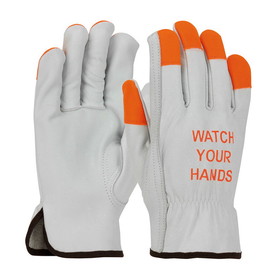 PIP 68-162HV PIP Economy Grade Top Grain Cowhide Leather Drivers Glove with Hi-Vis Fingertips and &quot;WATCH YOUR HANDS&quot; Logo - Keystone Thumb