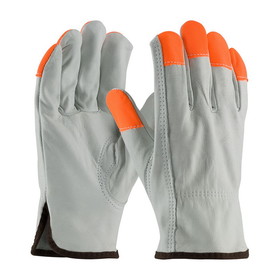 PIP 68-163HV PIP Regular Grade Top Grain Cowhide Leather Drivers Glove with Hi-Vis Fingertips - Keystone Thumb