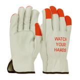 West Chester 68-165HV PIP Superior Grade Top Grain Cowhide Leather Drivers Glove with Hi-Vis Fingertips and "WATCH YOUR HANDS" Logo - Keystone Thumb