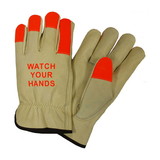 West Chester 990KOT PIP Regular Grade Top Grain Cowhide Leather Drivers Glove with Hi-Vis Fingertips and "WATCH YOUR HANDS" Logo - Keystone Thumb