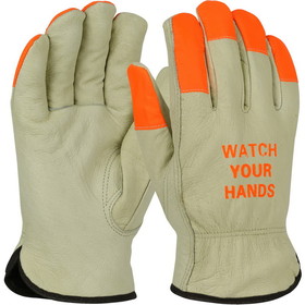 West Chester 994KOTP PIP Top Grain Pigskin Leather Glove with Thermal Lining and Hi-Vis Fingertips &amp; &quot;WATCH YOUR HANDS&quot; Logo - Keystone Thumb